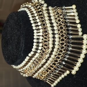 Gold and Cream Layered Pearl Fringe Choker Necklace